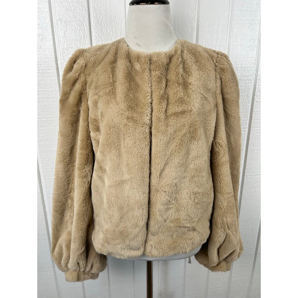 Chelsea & Violet Faux Fur Jacket Womens S Beige Tan Puff Sleeve Cropped Coat - Picture 3 of 7